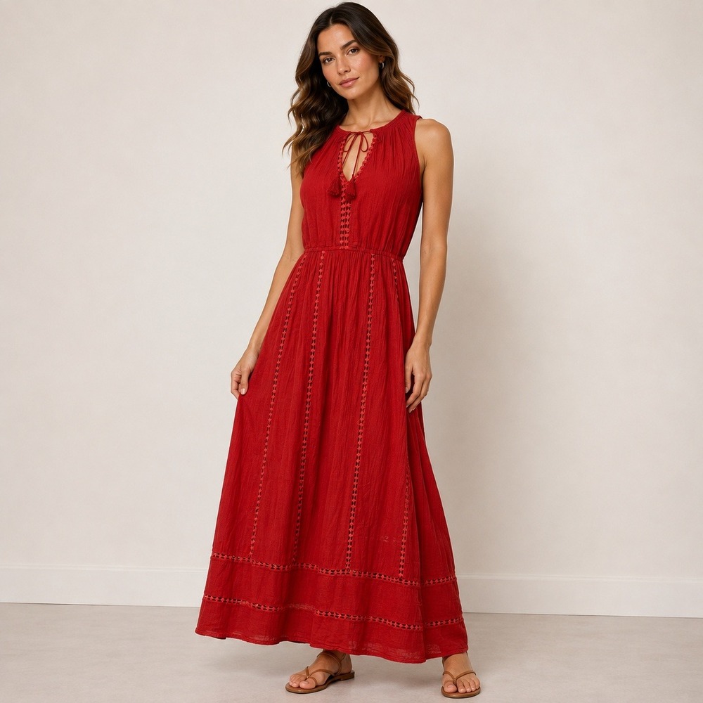 Madewell Maxi Dress 4 Red Cotton Gauze Crochet Boho Pockets Peasant Coastal